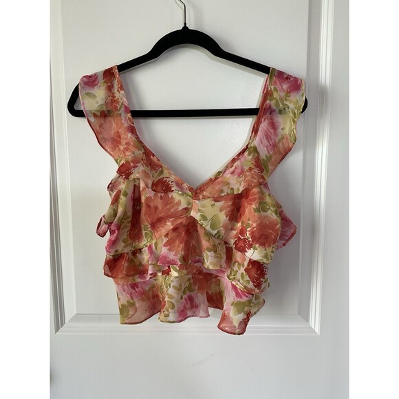 Women’s Crop Top Floral Ruffled Illa Top Shirt Sleeveless Medium Peach Pink 0022 - Picture 1 of 11